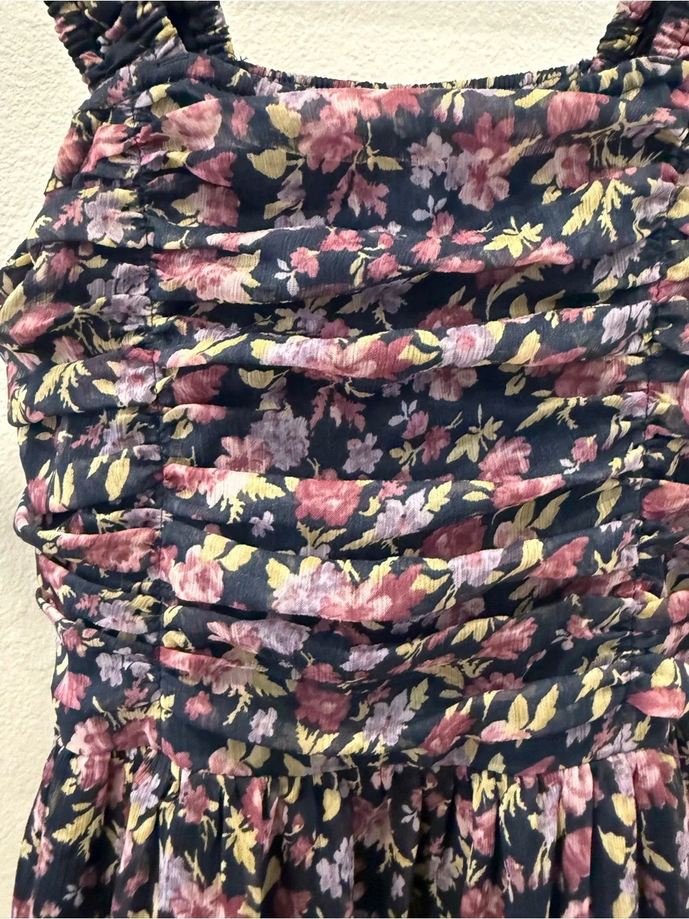 abercrombie kids Navy Floral Ruched Skater dress with Pink and Yellow Blooms 7/8